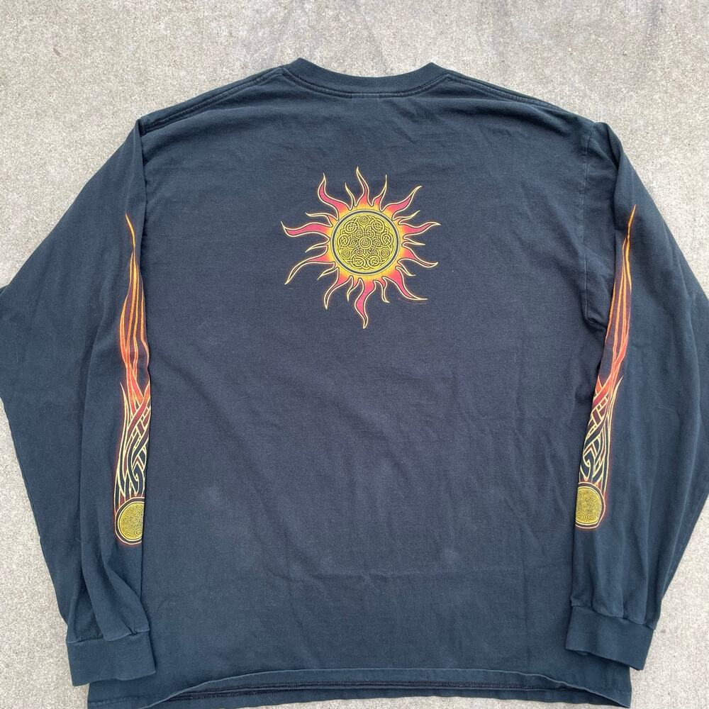 Vintage 90s Celtic Sun Flame Sleeve Long Sleeve Tee Black Faded Mens L XL Tribal